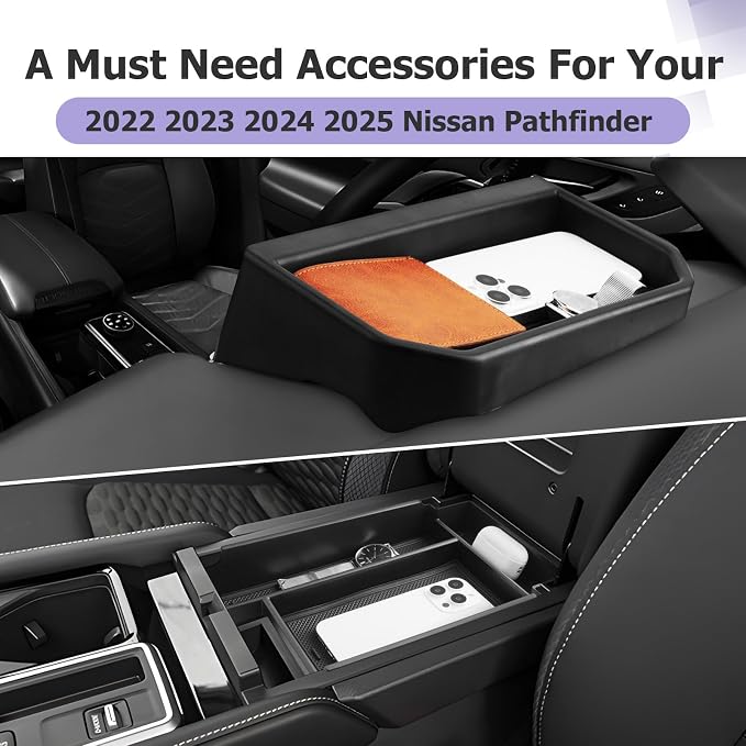 LUWU for 2025 Pathfinder Center Console Tray Set 2022 2023 2024 2025 Nissan Pathfinder SL/Platinum/Rock Creek Accessories Dashboard Storage Tray Armrest Console Organizer 2-Pack