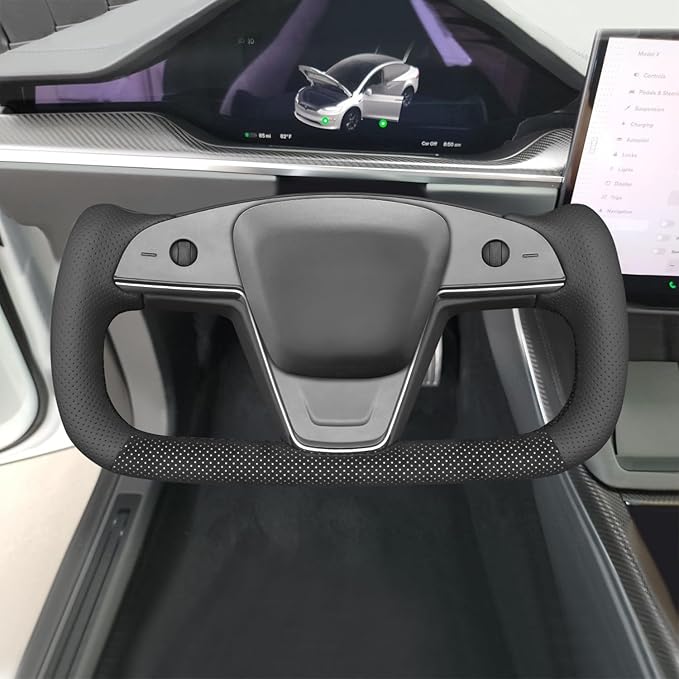 MEWANT DIY Black Perforated Real Leather Mesh Athsuede White Layer Steering Wheel Cover for Tesla Model S Yoke Model X