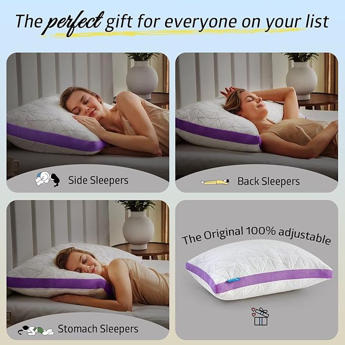 BETU Cooling Standard Pillow, Shredded Memory Foam Cool Pillow for Hot Sleepers, Adjustable Gel Firm Soft Support Bed Pillows Perfect for Neck Pain and Side Sleeping with Pillows Case Cover, Purple