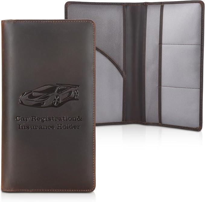 Polare Vintage Full Grain Leather Car Registration and Insurance Card Holder, Vehicle Glove Box Organizer Car Essentials RFID Wallet Case for Driver License, Cards & Documents