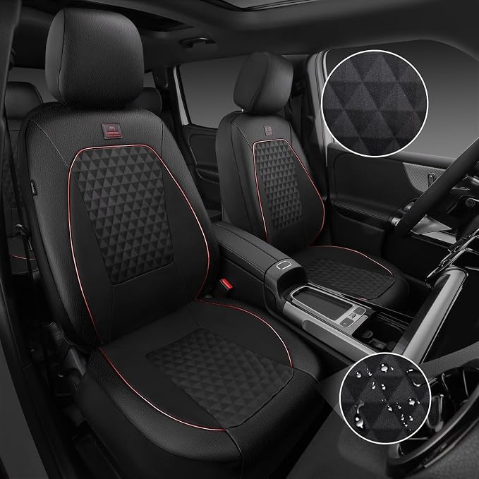 CAR PASS Leather Car Seat Covers Gel Wetsuit PU Full Set Seat Covers Waterproof EVA All Weather Neoprene Universal Fit Pickup SUV Truck Sedan Automotive, Armrest Airbag Compatible, Rhombic Red Strip