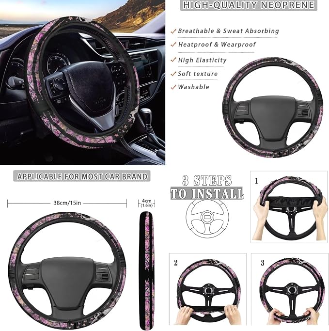 KEIAHUAN Car Front Rear Seat Covers Full Set for Women 11 Pcs Pink Branch Camo Hunting with Stretch Steering Wheel Cover+Headrest Cover+Gear Shift Cover&Handbrake Cover+Cup Coasters Fit Most Vehicle