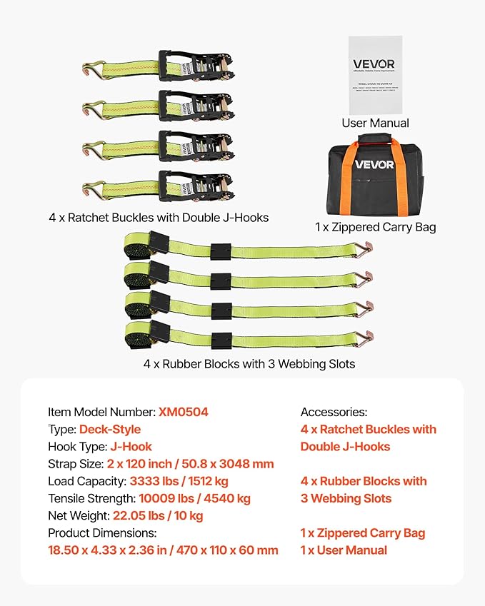 VEVOR Wheel Chock Tie-Down Kit, Deck-Style Trailer Tie Down Strap, Car Tie Down Kit with J-Hook, Break Strength 10009 lbs & Working Load 3333 lbs Motorcycle System for SUVs, Trailers, Trucks