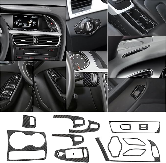 13PCS Real Carbon Fiber Interior Trim Kit Compatible with 2009–2016 Audi A4, Full Set Decor Stickers for Gear Shift, Center Console, Cup Holder, Door Armrest, Headlight Switch, Keyhole Frame