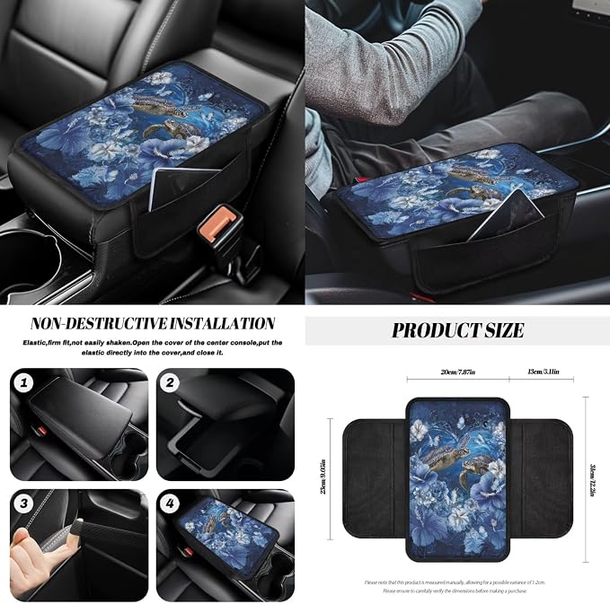Sea Turtle Print Car Interior Cover Set Hibiscus Butterfly Print Car Front and Rear Seat Covers Steering Wheel Cover Armrest Pad Safety Belt Pads Rear View Mirror Protector, 14Pcs
