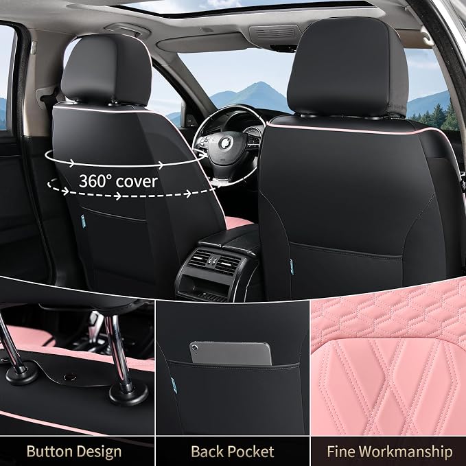 FLORICH Leather Cars Seat Covers Full Set Pink Car Seat Covers Front and Rear Seat Covers for Car Waterproof Vehicle Seat Interior Cover Universal Fit for Most Car Truck SUV, Black&Pink