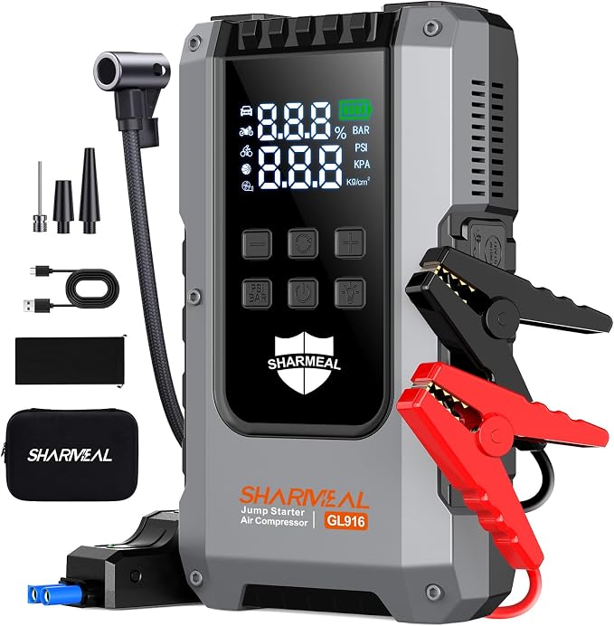 6000A Jump Starter with Air Compressor 160PSI Tire Inflator, 12V Car Battery Fast Charge Portable Jump Starter for All Gas/10L Diesel, Jump Box Pack with 3 Modes Flashlight and Jumper Cables
