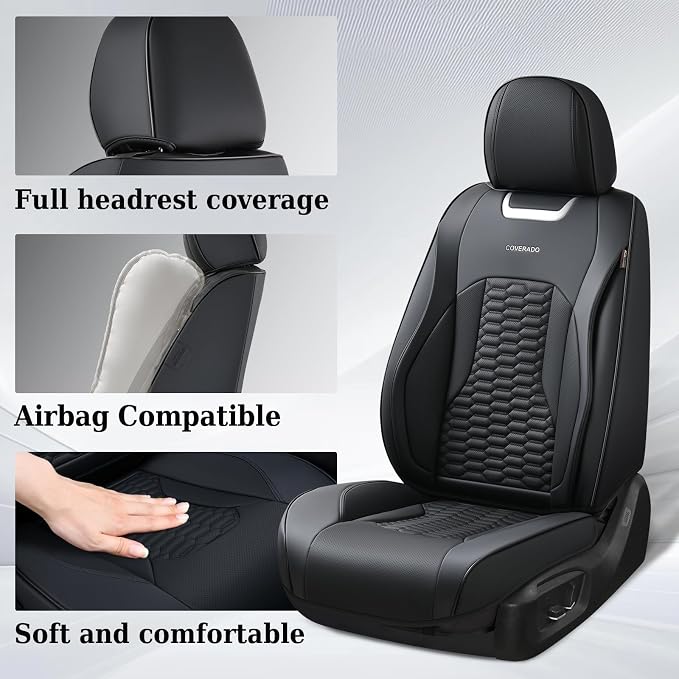 Coverado Car Seat Covers Full Set, Nappa Leather Seat Covers for Cars, Waterproof Automotive Car Seat Covers Interior Accessories Universal Fit Most Sedans, SUVs, Pick-up Trucks (Black)