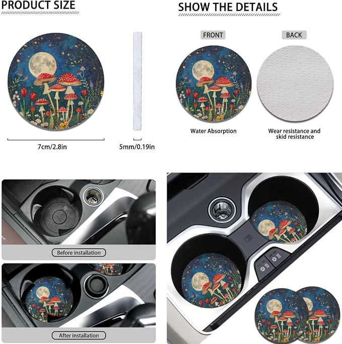 POLERO Starry Night Mushroom Seat Cover Set for Cars Cottagecore Floral Car Interior Accessories with Steering Wheel Cover Cute Keyrings, 11 Pcs