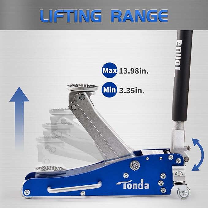 TONDA Floor Jack, Low Profile 2 Ton Aluminum and Steel Car Jack, Blue | Dual Pump System, Rapid Lift, 3.35"-13.98", 360-degree swivel casters
