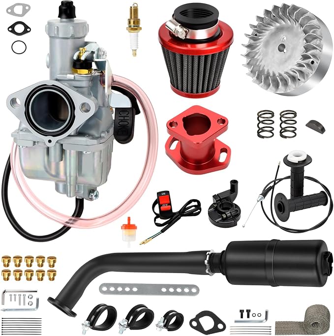 FVRITO VM22 Carburetor Flywheel Stage 2 Kit Compatible with Predator 212 Non Hemi Engine Coleman CT200U CT200U-EX BT200X Mini Bike 212cc 196cc GX200 KT196 Go Kart Parts Exhaust Pipe Throttle Assembly