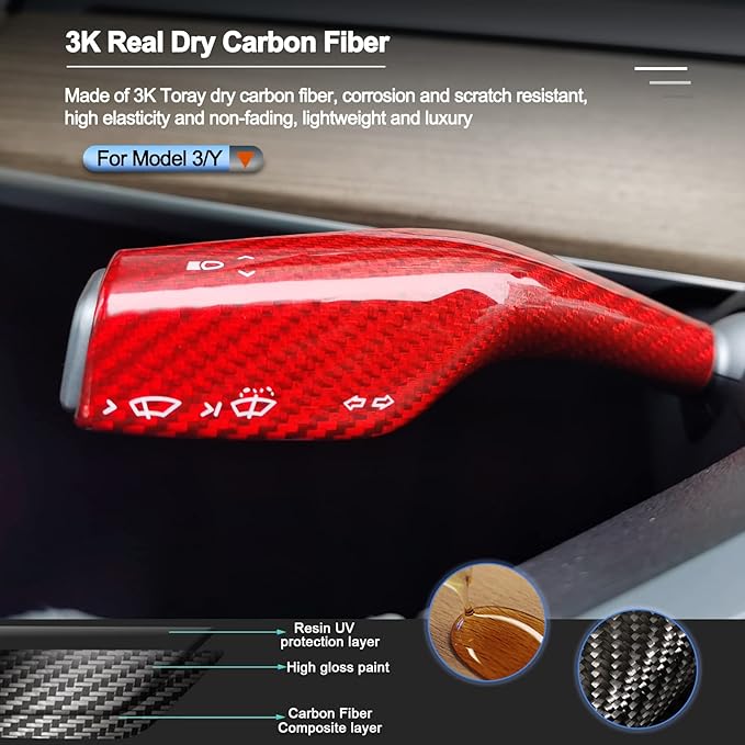 Carbar Gear Shift Cover for Tesla Tesla Model 3 Carbon Fiber Model Y Accessories Steering Wheel Lever Cover Real Carbon Fiber Gear Column Shift Collars (2Pcs Red Glossy Carbon Fiber)