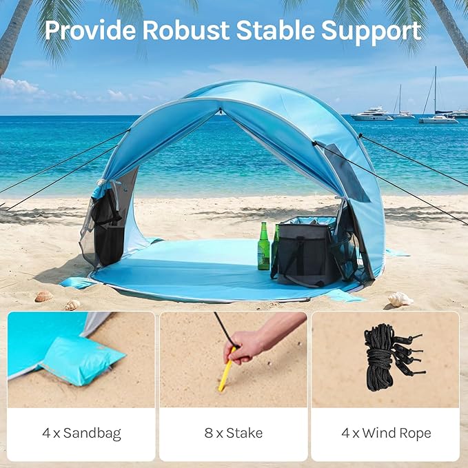 Wolfwise Pop up Beach Tent Sun Shelter with UPF50+ UV Protection, Instant Easy Setup Popup Beach Shade Canopy for 3 Person, Portable & Foldable with Carring Bag, 87 ×57×47 in, Black Coating