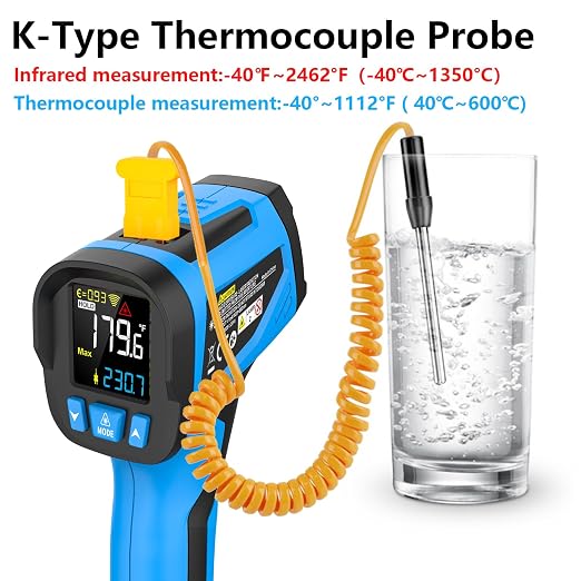 -40℉ to 2462℉, TEMIRUP Infrared Thermometer High Temperature Gun, Non-Contact Digital IR Laser Thermometer with Probe, 30:1 Pyrometer with Color LCD for Cooking, Kiln, Forging, HVAC & Industrial