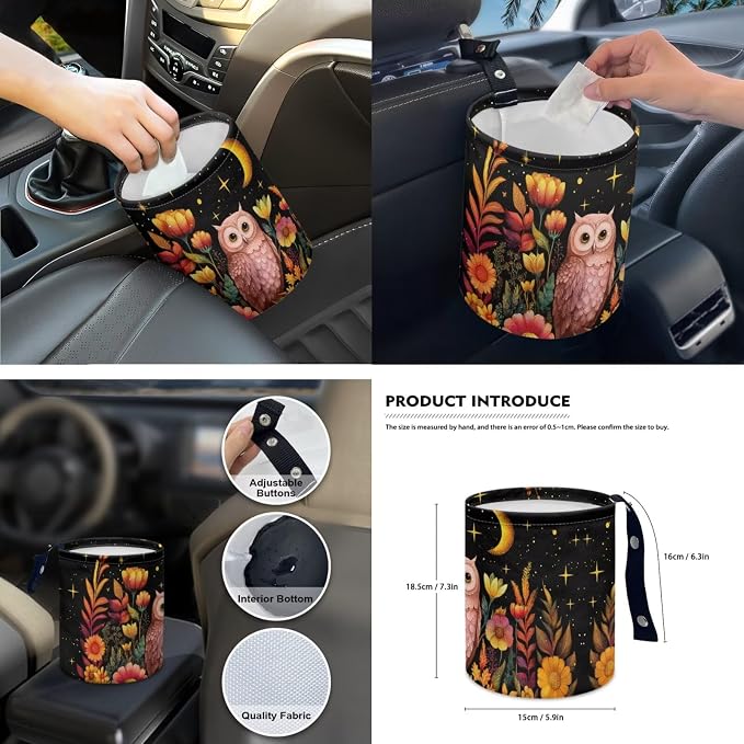 Moon Floral Owl 15Pcs Car Seat Cover Full Set Car Steering Wheel Cover Seat Belt Cover Trash Bin Front Rear View Mirror Car Cup Holder Keychain