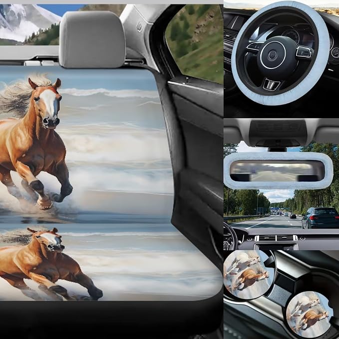 Horse Car Seat Covers Full Set for Women Man,Universal Car Accessories with Back Seat Trash Can Headrest Covers Seat Belt Cover Pad,Elastic Steering Wheel Cover Fit Most Car Truck SUV Van