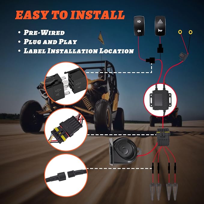 UTV Triangle Turn Signal Kit with Rocker Switch, 110dB Horn | ATV Turn Signal Kit Pre-Wired, Plug and Play, Universal Street Legal Kit, Compatible with Polaris, Can-Am, Kawasaki, CFMOTO