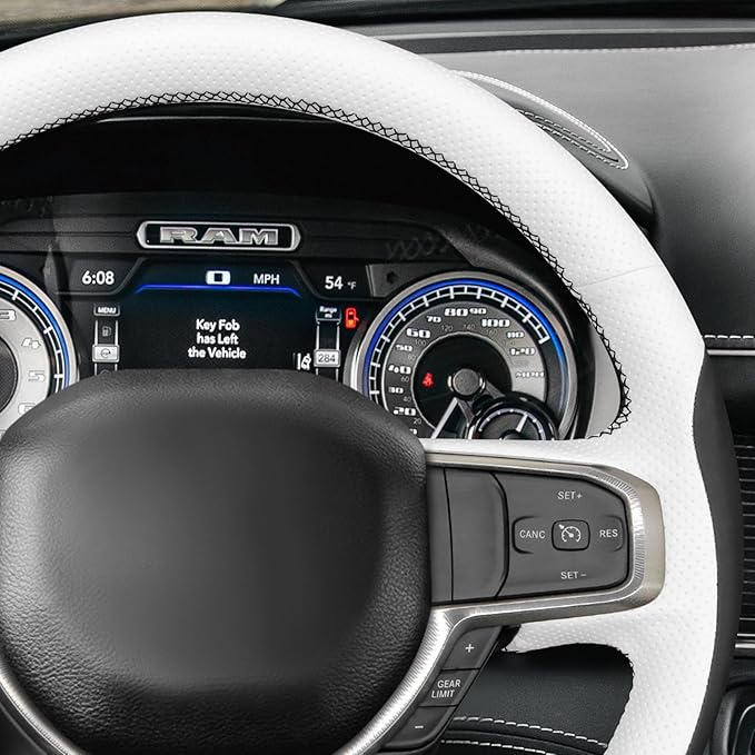 MEWANT Hand-Stitched Steering Wheel Cover Wrap for Dodge Ram 1500 2019-2023 Steering Wheel Accessories for Dodge Ram(Backsides Without Buttons)