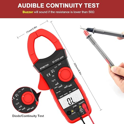 BTMETER AC/DC 1000A Clamp Multimeter, 4000 Counts Digital Clamp-on Meter with Data Logging Measure Amp Volt Ohm Capacitance Frequency Temperature Continuity, Electrical Tester 570T-APP