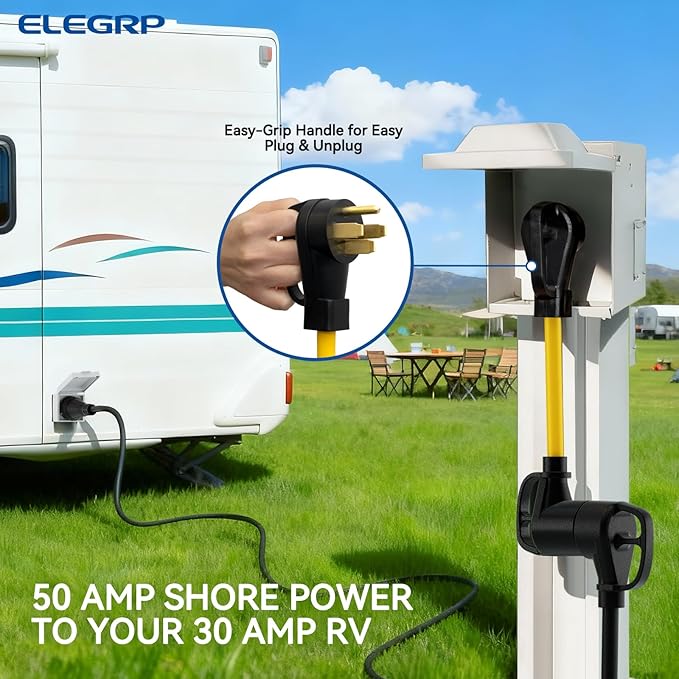 ELEGRP 50 Amp to 30 Amp RV Adapter Cord, NEMA 14-50P Male to TT-30R Female, 12" Heavy Duty Dogbone Electrical Converter for Travel Trailer Camper, STW 10/3 AWG with Grip Handles, UL Standard Compliant