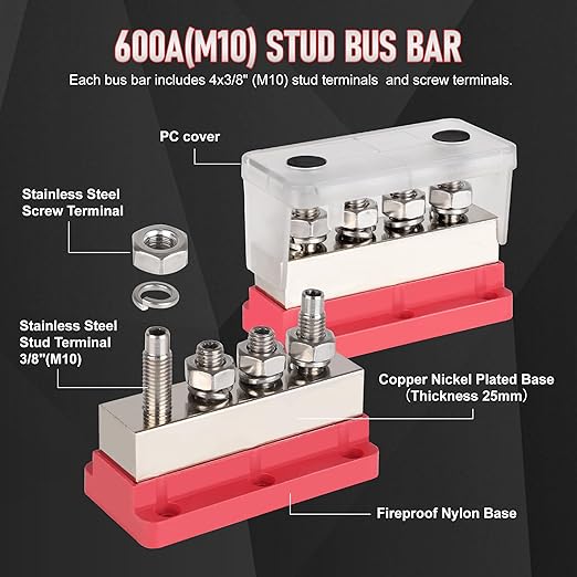 2Pcs 600A Bus Bar Power Distribution Block 12-48V Terminal Block 4x3/8(M10) Studs Marine Battery Bus Bar with Waterproof Cover Quick Mount for Automotive Car Boat Solar System (Red & Black)