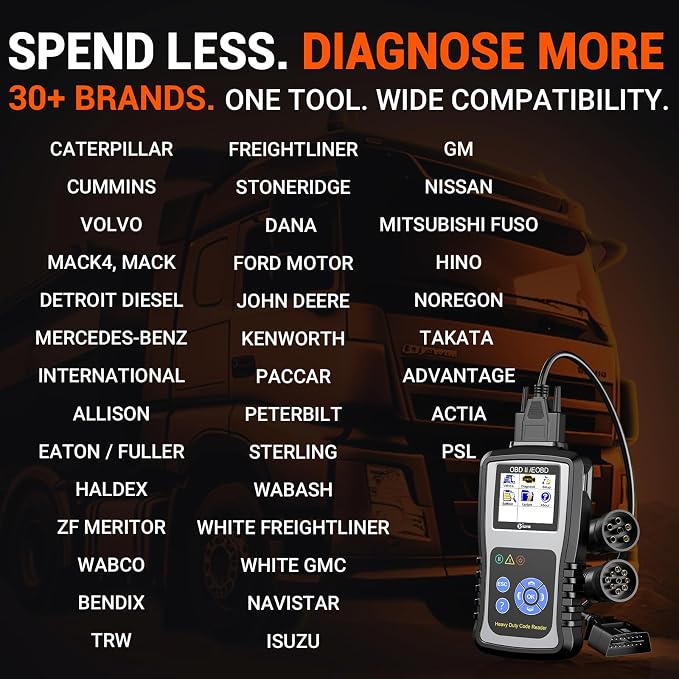 KZYEE KC601 Heavy Duty Truck Scanner, Diesel Scanner Diagnostic Tool for Cummins, CAT, Freightliner, International, Mack, Volvo & Detroit, Read & Clear Codes, Live Data, Free Lifetime Updates