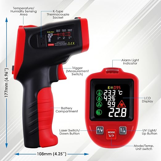 Infrared Thermometer Gun with Pipe Temperature Clamp, High Accuracy HVAC Thermometer (-50°C to 850°C) for Cooking, Home Repair, Oven, HVAC, Automotive & Industrial Use, Adjustable Emissivity