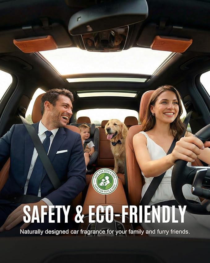 Natural Wooden Car Air Freshener for Visor Clip- Natural Teak/Cabana/Amber Scents, Long-Lasting Odor Eliminator with Metal Clip, 3 Refillable Wood Chips for Cars/Trucks/SUVs