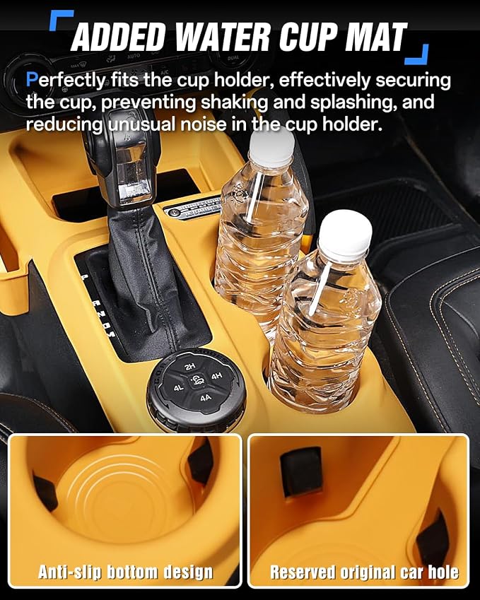 Central Control Storage Box fit for 2021-2024 Ford Bronco Automatic Transmission 2/4 Door Water Cup Silicone Non-Slip Mat Central Protective Scratch Pad Interior Modification Accessories-Orange