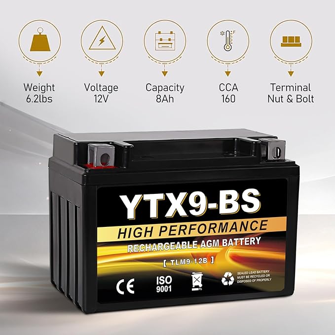 YTX9-BS 12V 9Ah AGM Sealed Motorcycle Battery, Maintenance-Free, Compatible with Honda Polaris Suzuki, Replacement for YTX9-BS, ETX9, GTX9-BS