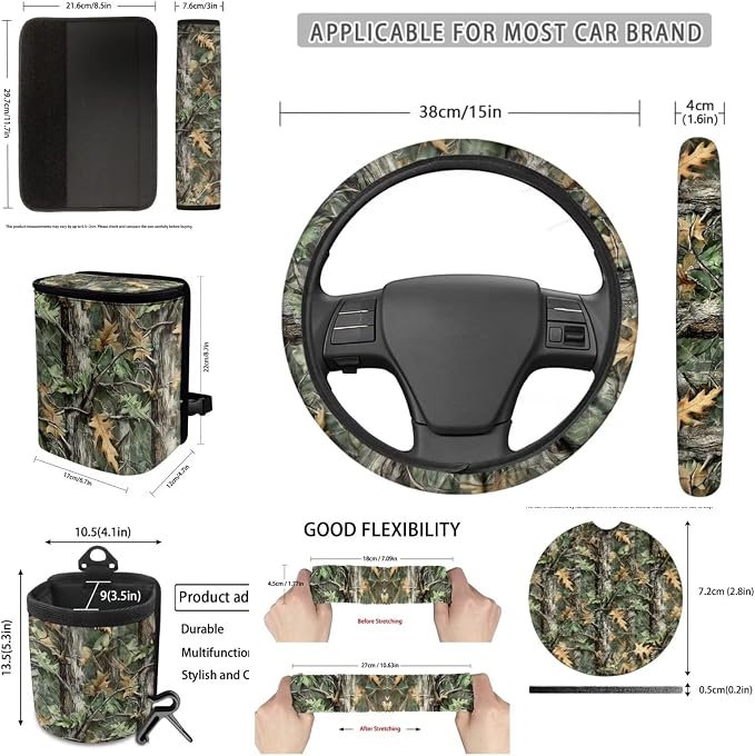 Dreaweet Camo Hunting Seat Covers for Cars Full Set Universial Steering Wheel Cover Seat Belt Pads Trash Bag Vent Storage Pouch Rear View Mirror Cover Car Coasters Keychain 15 Pcs Set