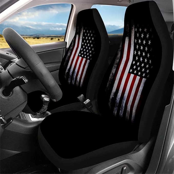 Xoenoiee 11 Pack Retro American Flag Universal Car Accessories Set with Front Seat Cover Rear Split Bench Seats Cover for Cars, Seat Belt Pads, Steering Wheel Cover, Coasters, Keyrings
