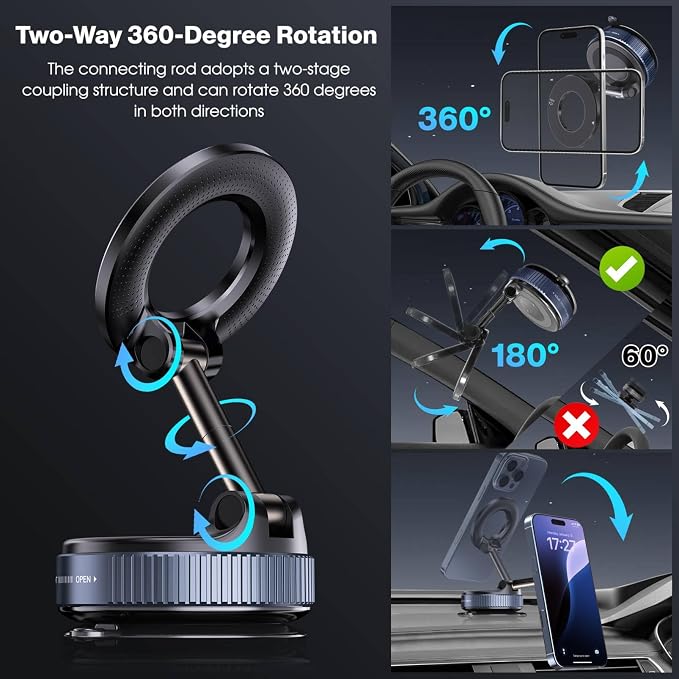 Jikasho Vacuum Magnetic Car Phone Holder for Magsafe, Hands-Free 360° Adjustable Suction Cup Phone Mount for Car/Gym/Mirror/Smooth Surface, Compatible with iPhone & Android (Stellar Gray)