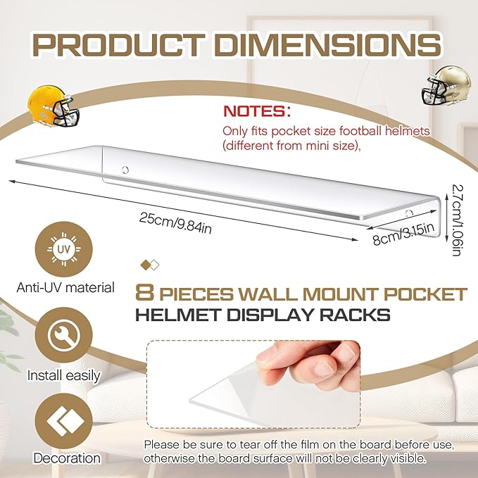Colingmill Wall Mount Pocket Size Helmet Display Racks 9.84 x 3.15 x 1.06 Inches Acrylic Pocket Size Football Helmet Display Racks 16 Team for Collecting Game Helmets