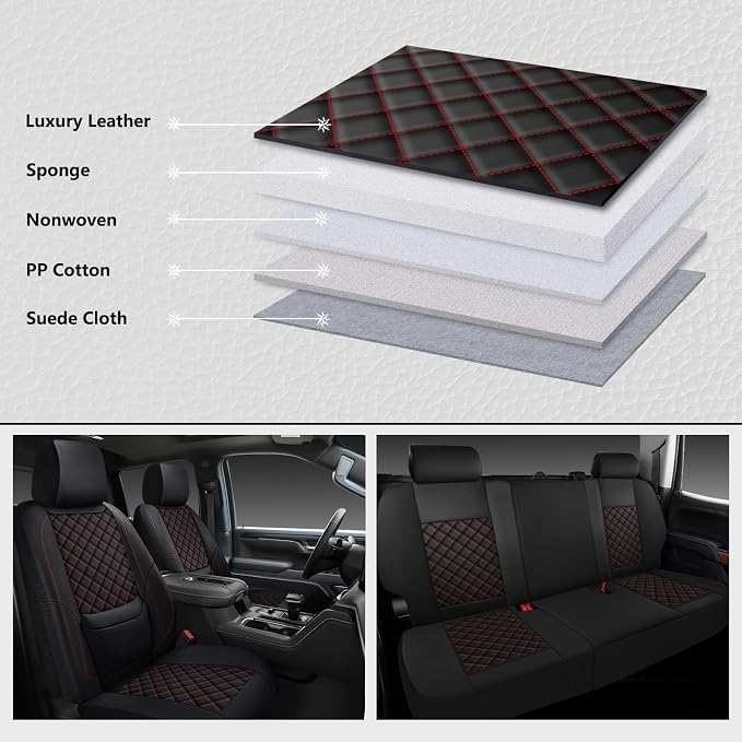 Silverado Seat Covers 2007-2026 Full Set, Truck Interior Sets Custom Fit for Chevy Chevrolet Silverado GMC Sierra 1500/2500/3500HD Crew/Double/Extended Cab with Lumbar Support, Black Red