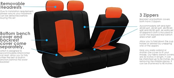 FH Group Highest Grade Faux Leather Split Bench Seat Cover, Rear Set – Universal Fit for Cars Trucks & SUVs (Orange/Black) PU008013