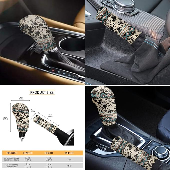 Wanyint Aztec Cow Print Retro Car Seat Cover for Front Back Seat Full Set Auto Steering Wheel Cover, Shift Knob Handbrake Covers, Coasters, Hedrest Cover Car Interior Accessories Protector