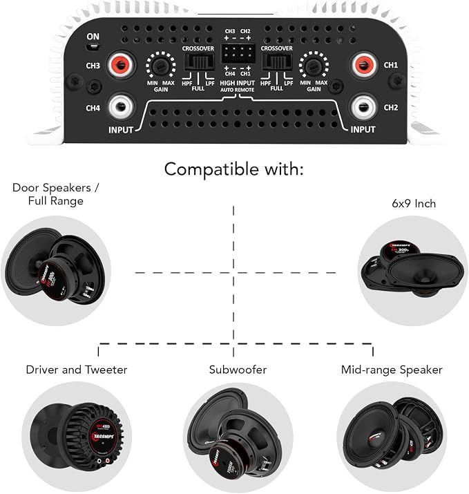 Taramps TS 1200x4 Amplifier Car Audio 1200W RMS 2 Ohms 4 Channels 2 Bridged Channels, Full Range Crossover Fixed RCA/Wire Input - Multichannel Class D