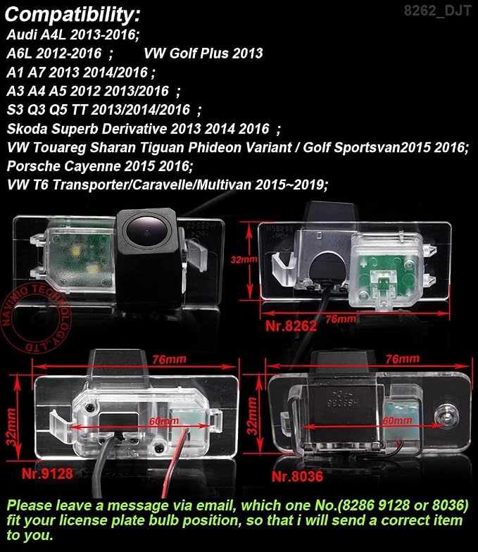 IP68 Waterproof Reverse Rear View Camera License Plate Backup Camera Replacement for Audi A3/A4/A6L/Q7/S5/S8/A7/A8L(No.8036)