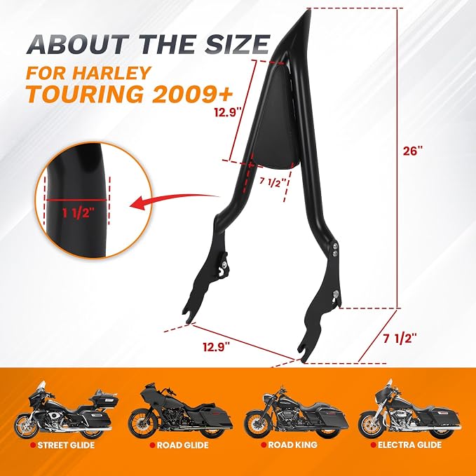 2009-2025 Sissy Bar for Harley Davidson Touring, 26'' Detachable Rear Passenger Backrest for Road King, Road Glide, Street Glide, Ultra Limited, Electra Glide, CVO, Ultra Classic Electra Glide