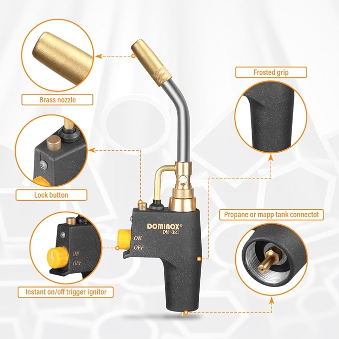 DOMINOX Propane Torch Head for MAP, MAPP and Propane Tank, High Intensity Trigger Start Torch, for Soldering, Ignition, Cooking, Lighting (Not Included Gas Tank)