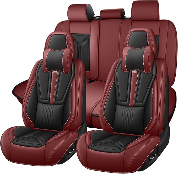 Arazi Fit for 98% of Mazda Seat Covers, 360° Full Wrap Original Seat Cover, Waterproof Nappa Leather Seat Covers with Big Space Storage Pocket Seat Protector（5 Seats Luxury, Black&Red）