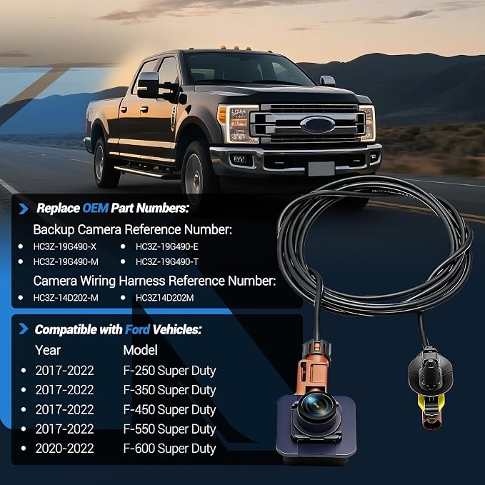 Backup Camera & Wiring Harness Kit Compatible with Ford F-250 F-350 Super Duty 2017 2018 2019, HD Night Vision 170° Wide Angle