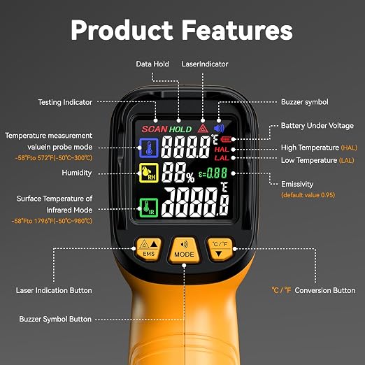 50:1 Infrared Thermometer Gun，-58°F to 2732°F，with K-Type Probe | 932°F K-Type Probe Included，Humidity & Ambient Condition Monitoring，Industrial HVAC & Equipment Diagnostics