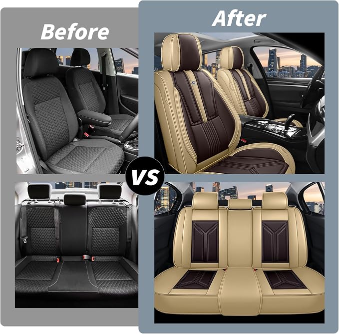 Arazi Fit for 90% of Mercedes-Benz Seat Covers, 360° Full Wrap Original Seat Cover, Waterproof Nappa Leather Seat Covers with Big Space Storage Pocket Seat Protector（5 Seats Standard, Beige&Brown）
