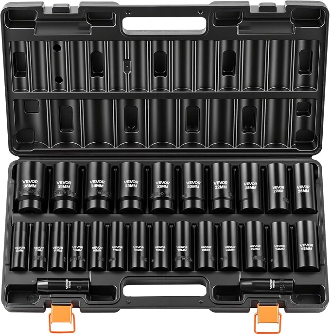 VEVOR Impact Socket Set, 1/2" Drive, 26-Piece Impact Sockets, 6-Point Sockets, Metric 10-30 mm, 32-36 mm, Easy to Identify, with a Sturdy Storage Case, Cr-V Alloy Steel Structure, for Vehicles Repair