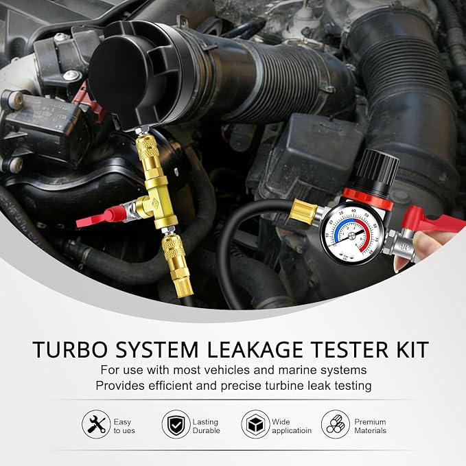YSTOOL Turbo System Leakage Tester Kit 16Pcs Turbo Boost Leak Tester Set with 7 Pairs of Stepped Adapters (1-1/4" to 4") Air Pressure Gauge, for Radiators Cooling Emission Exhaust Pipes Testing
