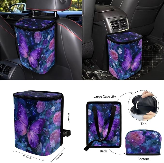 Purple Rose Butterfly Car Seat Covers Full Set for Women Cute Car Accessories Seat Cover with Wheel Cover Seatbelt Covers Car Coasters Trash Can Car Headrest Pillow Covers Armrest Pad