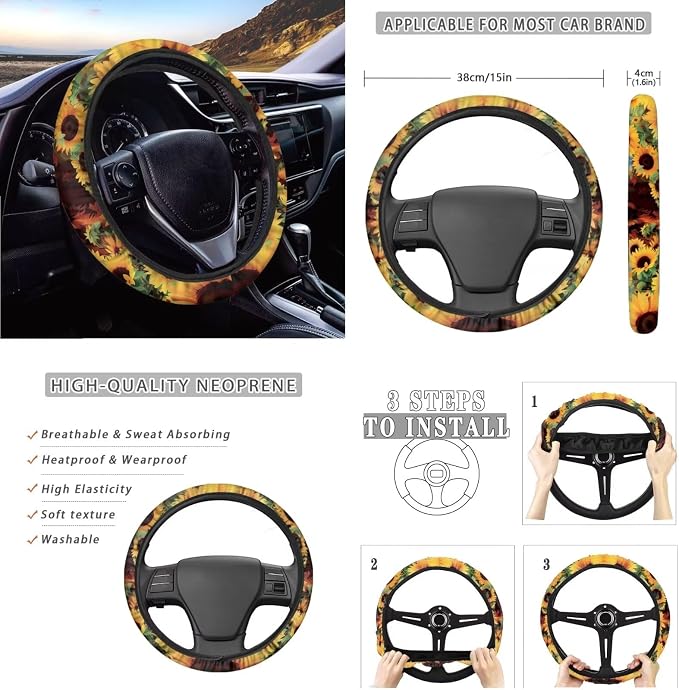 Highland Cow Sunflower American Flag Car Seat Cover Full Set 12 Pcs,Universal Fit 15 Inch Polyester Steering Wheel Cover Seat Belt Pads Armrest Cushion Keychain Car Coaster Automotive Interior