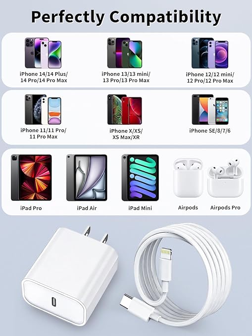 iPhone Fast Charger, [Apple MFi Certified] 20W USB Type C Fast Charging Block Power Delivery iPhone Lightning Charger with 6ft Lightning Cable for iPhone 14 13 Pro Max Mini 12 Pro 11 Xs Max Xr,AirPods
